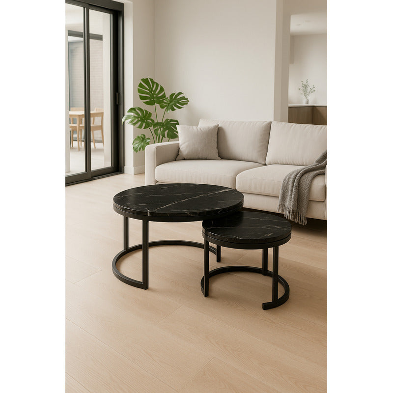 Mesa Centro Redonda Anidada Set 2 Mesas Auxiliares Madera