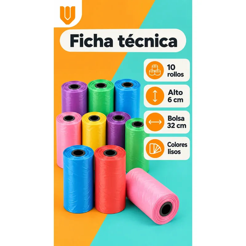 Pack 10 Bolsas Higiene Canina Multicolor Diseño Compacto Multicores