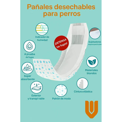 24 Pañales Desechables Perro Gato Incontinencia Ajustable S Blanco Macho S 42x17 Cm