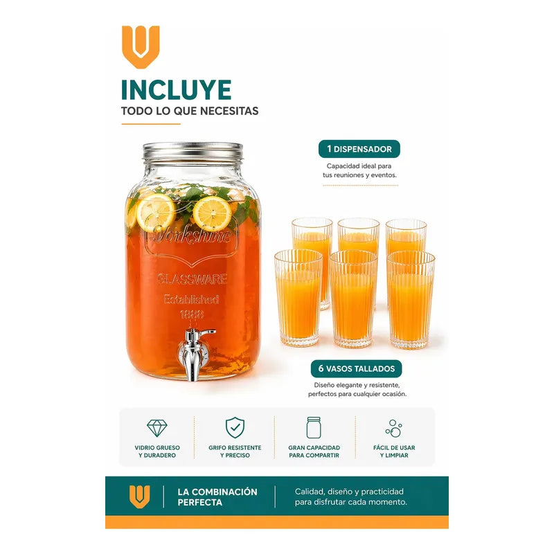 Dispensador Frasco Jugo Agua 5l + Set 6 Vasos Vidrio Tallado Transparentes