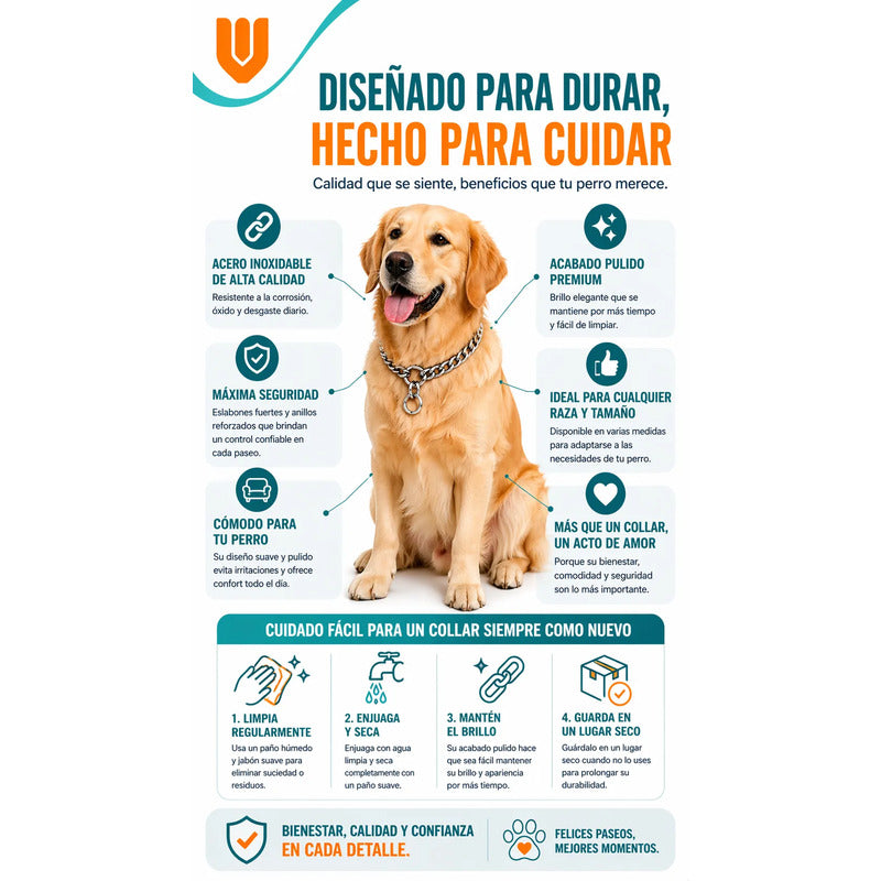 Collar Metalico Fuerte Argolla Seguridad Paseo Firme Mascota Plateado 50cm