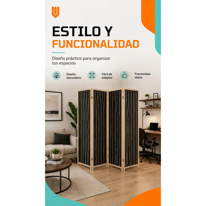 Biombo Separador Ambiente Madera Ratan 4 Paneles 180cm Biombo Ratán Negro Beige 4 Paneles Biombo Ratan Plegable 4 Paneles 180... 180cm
