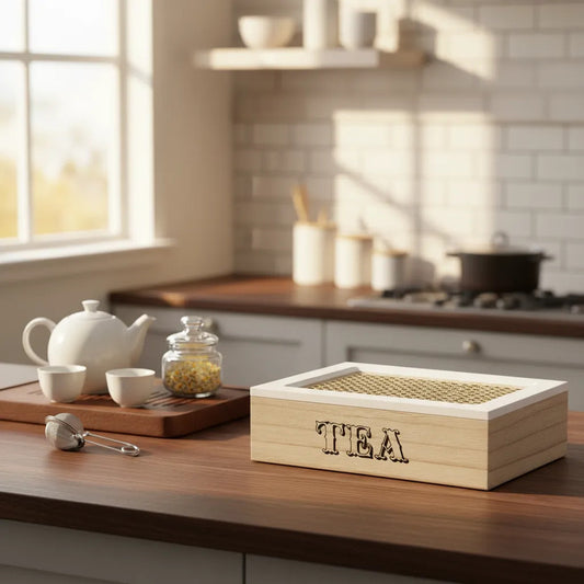 Caja Te Madera 6 Compartimentos Tapa Tejida Bambu Cocina Tono Madera Oscura Natural Acabado Elegante Estilo Nordico Moderno Decorativo Vetas Visibles Premium Cocina Hogar Estetica Calida