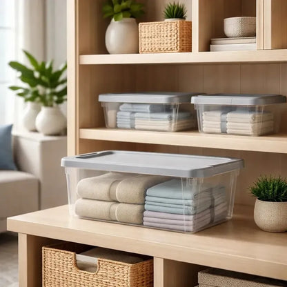 Contenedor Plastico Rigido Transparencia Total Sistema Transparente Tapa Gris Apilable Modular Compacto Multiuso Ahorro Espacio Closet Cocina Dormitorio Oficina Bodega Estanteria Orden Inteligente