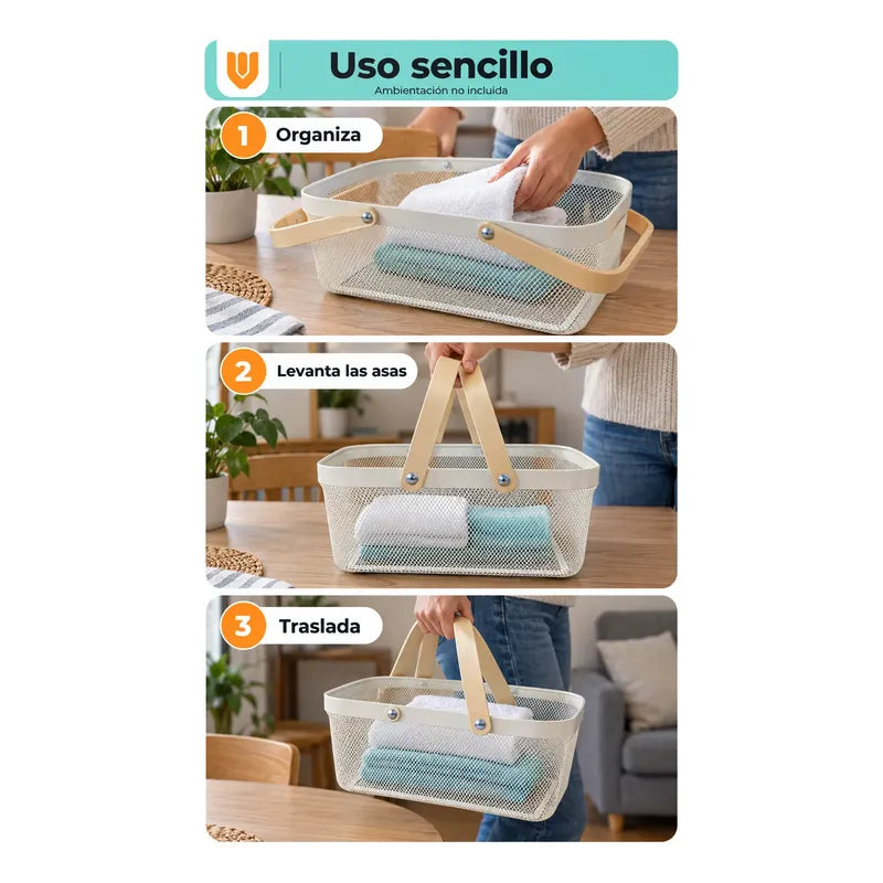 Canasta Organizadora Metal Blanco Asas Madera 40x24x19 Cm Blanco Canasta Organizadora Canasto Cesta Metal Asas Madera Malla Romboidal Orden Textiles Frutas Cocina Baño Clóset
