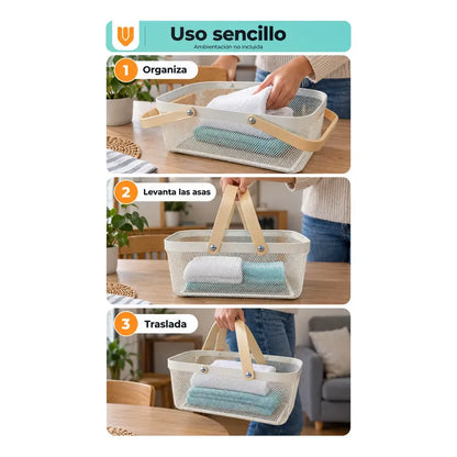 Canasta Organizadora Metal Blanco Asas Madera 40x24x19 Cm Blanco Canasta Organizadora Canasto Cesta Metal Asas Madera Malla Romboidal Orden Textiles Frutas Cocina Baño Clóset
