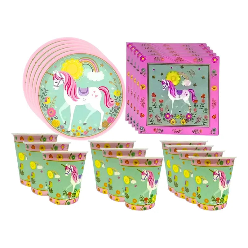 Set Platos Vasos Servilletas Decoración Cumpleaños Unicornio Unicornio