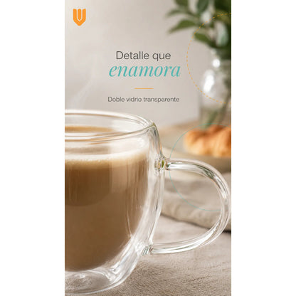 Taza Café Té Bebidas Calientes Espresso Frio Doble Pared Redondeado Doble Pared Cuerpo Curvo Asa Ergonómica Boca Circular Base Estable Estilo Moderno Individual Hogar Uso Transparente Cristal...
