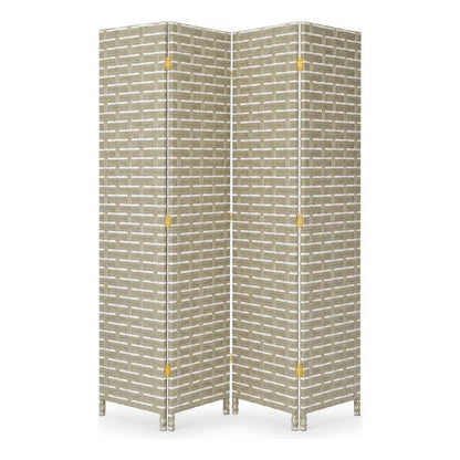 Biombo Separador Plegable Living Dormitorio Oficina 180 Cm Tejido Geométrico Trenzado Natural Líneas Horizontales Paneles Plegables Decoración Moderna Interior Elegante Premium Beige Arena Gris...