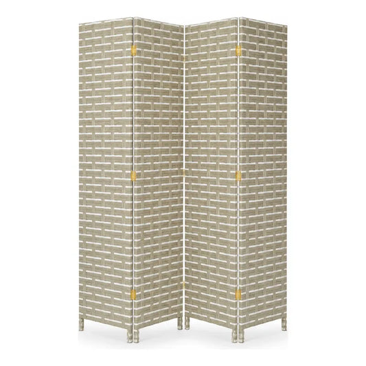 Biombo Separador Plegable Living Dormitorio Oficina 180 Cm Tejido Geométrico Trenzado Natural Líneas Horizontales Paneles Plegables Decoración Moderna Interior Elegante Premium Beige Arena Gris...