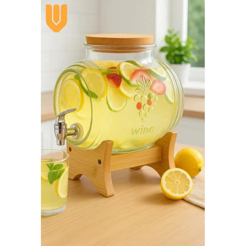 Dispensador Vidrio 5l Base Bambu Jugo Agua Refrescos Fiestas Cumpleaños Matrimonios Picnics Asados Eventos Hogar Mesa Buffet Servicio Bebidas Reuniones Familiares Celebraciones