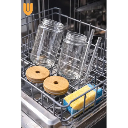 Vitrineon Cl Set 2 Vasos Vidrio 630ml Bombilla Cristal Tapa Set 2 Vasos Vidrio Transparente Tapa Bambu Bombilla Vidrio Reutilizable Apto Lavavajillas Estilo Vintage Hogar Cocina Transparente
