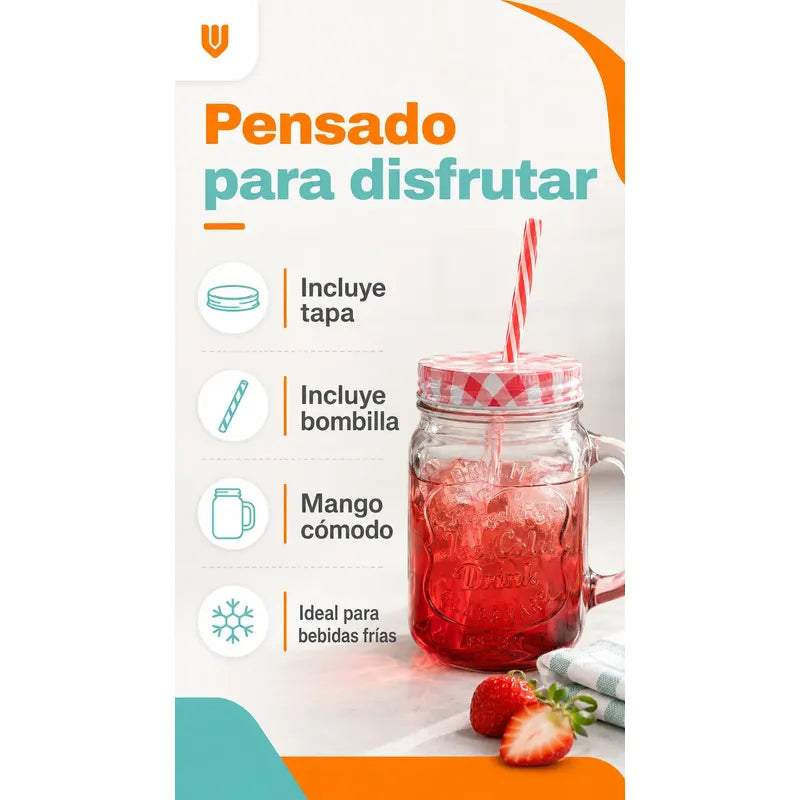 4 Vasos Vidrio 400ml Bombilla Tapa Jugos Bebidas Multicolor Multicolor
