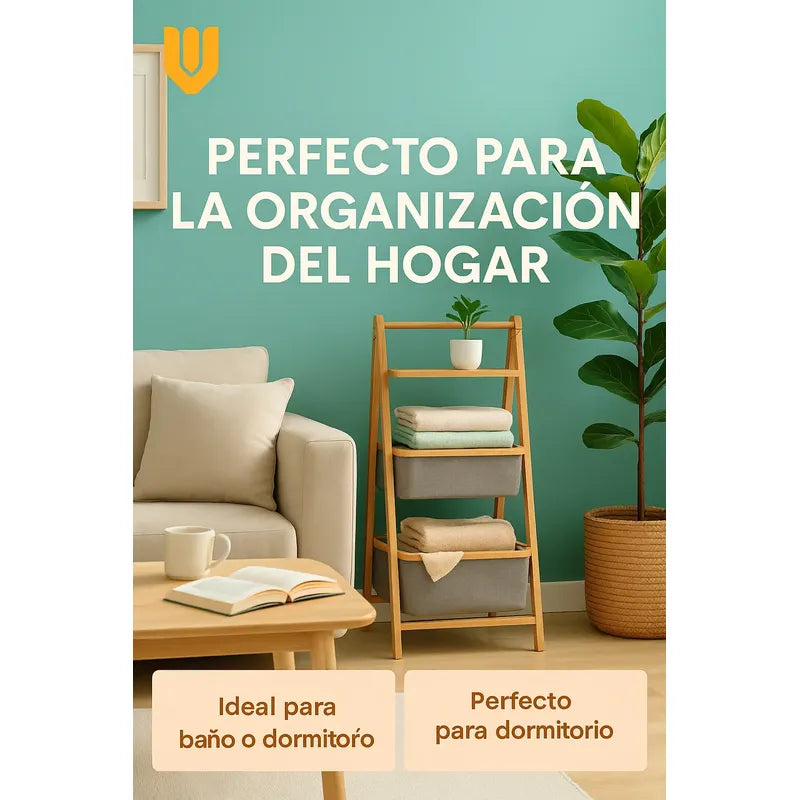 Organizador Bambu Baño Repisa Decorativa Cestos Tela Orden H Marrón Claro