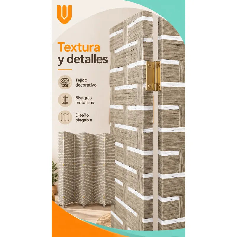 Biombo Separador Plegable Living Dormitorio Oficina 180 Cm Tejido Geométrico Trenzado Natural Líneas Horizontales Paneles Plegables Decoración Moderna Interior Elegante Premium Beige Arena Gris...