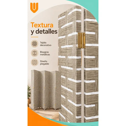 Biombo Separador Plegable Living Dormitorio Oficina 180 Cm Tejido Geométrico Trenzado Natural Líneas Horizontales Paneles Plegables Decoración Moderna Interior Elegante Premium Beige Arena Gris...