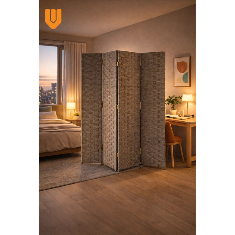 Biombo Divisor Oficina Ambientes Separador 4 Puertas 180 Cm Gris Claro Biombo Divisor Ambientes 4 Paneles 180 Cm Separador Oficina Hogar Plegable Geometrico Gris Claro Ratan Geometrico Ratan...