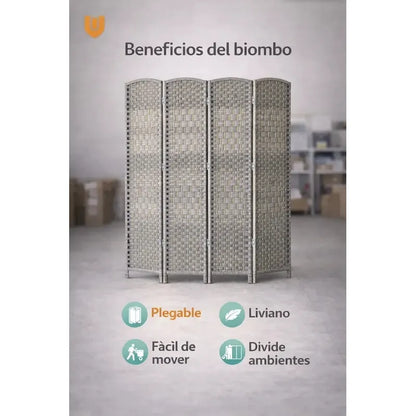 Divisor Espacios Hogar Oficina Panel Plegable Tela 4 Cuerpos Diseño Minimalista Plegable Gris Claro Estilo Nordico Tonalidad