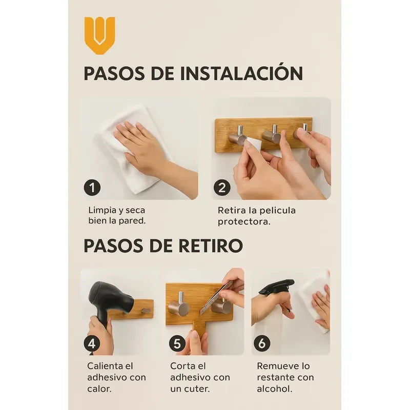 Pack 2 Unidades Ganchos Autosoporte Montaje Rapido Objetos Caramelo Natural Tonalidad Organica Veta Calida Estilo Nordico Decoracion Interior Armonia Espacial