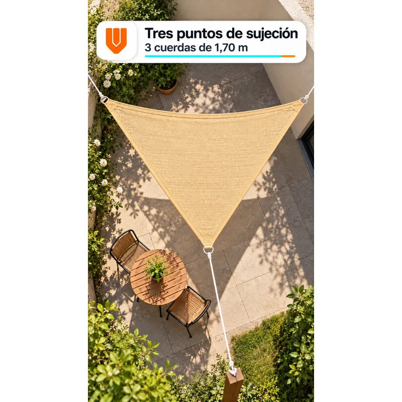 Toldo Vela Sombra Lona Cubierta Terraza Jardín 1.90x3 Metros Beige Arena Claro Dorado Suave Tonalidad Cálida Bordes Costuras Al Tono Cintas Cuerdas Blancas Argollas Plateadas 1.90 Largo X 3.03 Metros
