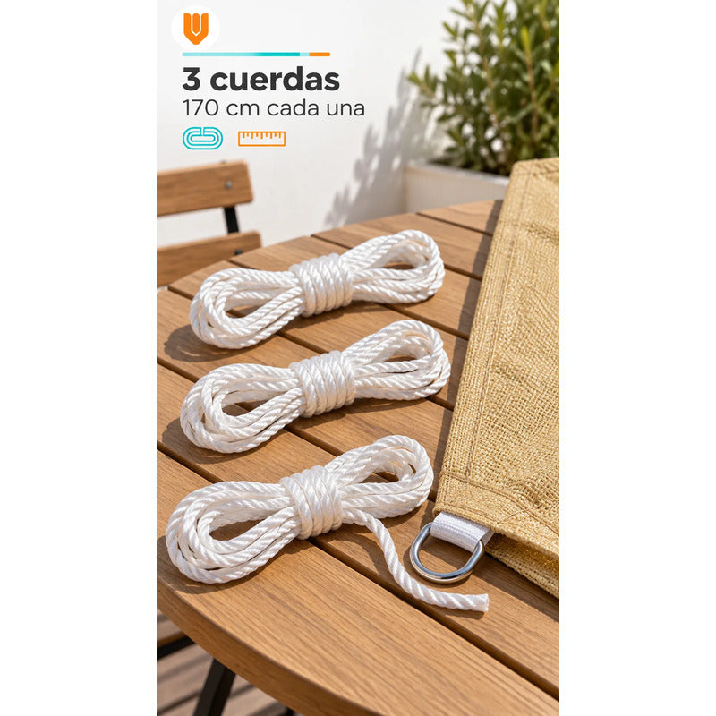 Toldo Vela Triangular Lona Tipo Yute 110x300 Cm 3 Cuerdas Beige Arena Claro Dorado Suave Tonalidad Cálida Bordes Costuras Al Tono Cintas Cuerdas Blancas Argollas Plateadas 110x300 Cm
