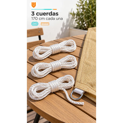 Toldo Vela Triangular Lona Tipo Yute 110x300 Cm 3 Cuerdas Beige Arena Claro Dorado Suave Tonalidad Cálida Bordes Costuras Al Tono Cintas Cuerdas Blancas Argollas Plateadas 110x300 Cm