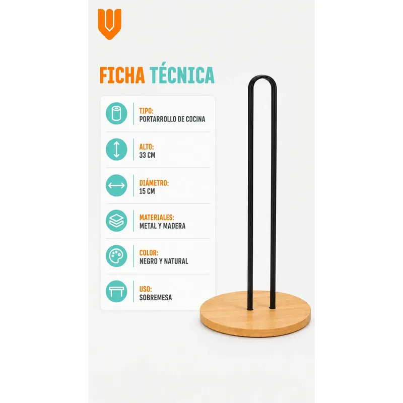 Soporte Toalla Nova Porta Rollo Toallas Papel Vertical Porta Toalla Nova Portarrollos Cocina Papel Absorbente Madera Metal Negro Vertical Sobremesa Base Circular