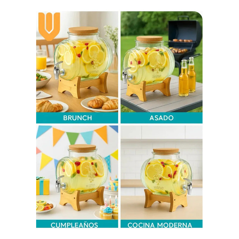 Dispensador Vidrio 5l Base Bambu Jugo Agua Refrescos Fiestas Cumpleaños Matrimonios Picnics Asados Eventos Hogar Mesa Buffet Servicio Bebidas Reuniones Familiares Celebraciones