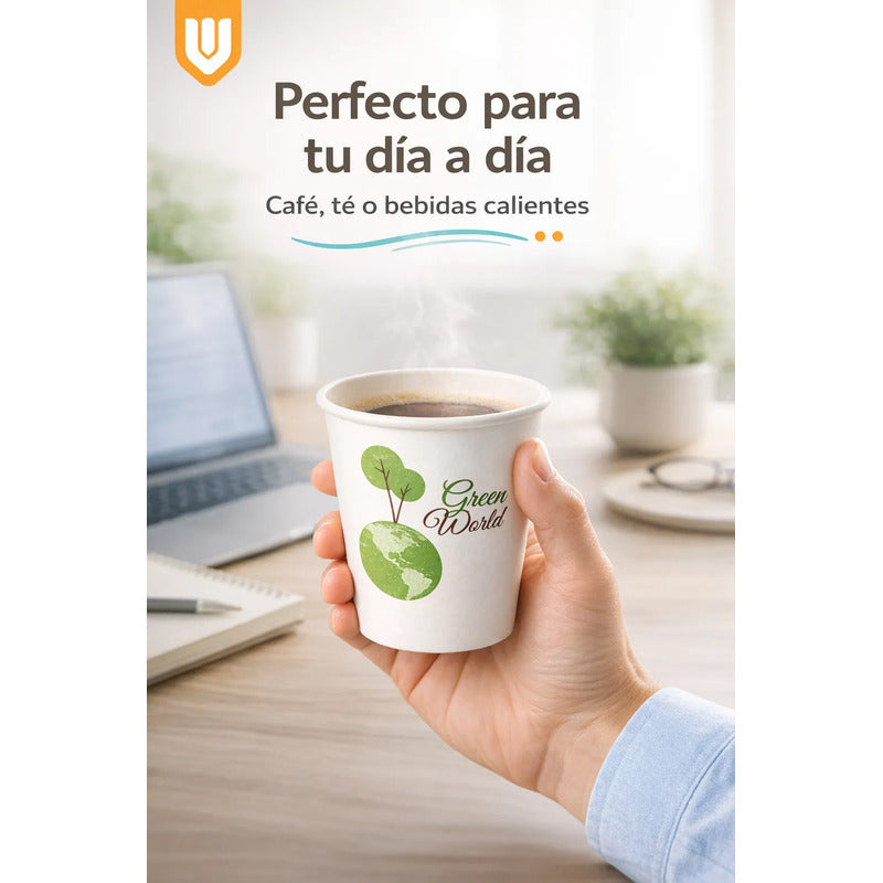 Vasos Desechable Compostables Biodegradable Café Jugo Agua X100 Unidades Blanco Verde Natural Eco Biodegradable Sustentable Diseño Limpio Consumo Responsable Cafeteria Bebidas