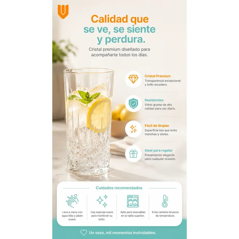 Set 6 Vasos Vidrio Altos 300 Ml Diseño Diamante Transparente Transparente Cristal Vidrio Claro Elegante Brillante Vaso Alto Set 6 Cócteles Jugos Bebidas Cocina Hogar Bar Uso