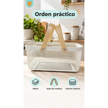 Canasta Organizadora Metal Blanco Asas Madera 40x24x19 Cm Blanco Canasta Organizadora Canasto Cesta Metal Asas Madera Malla Romboidal Orden Textiles Frutas Cocina Baño Clóset