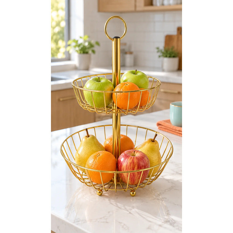 Frutero Mesa Hierro Dorado 2 Niveles 43cm Canasto Cestas Dorado Frutero Doble Dorado Dos Niveles Cestas Circulares Abiertas Soporte Central Argolla Superior Alto 43cm Diseño 43x28