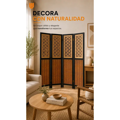 Biombo Separador 4 Puertas Oficina Divisor Ambientes 180 Cm Biombo Decorativo Separador Ambientes Moderno Plegable 4 Paneles Bambú Natural Living Dormitorio Oficina Marrón Negro Beige Bambú...