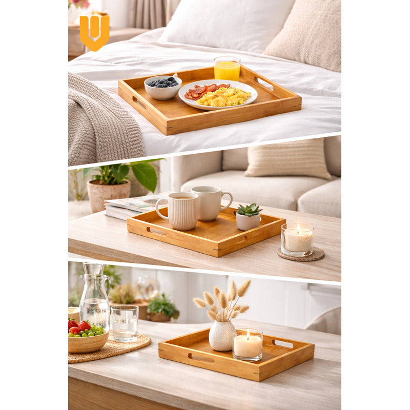 3 Bandejas Desayuno Aperitivo Bambu Natural Comida Multiusos