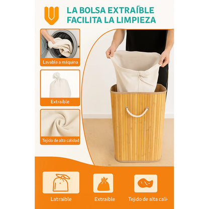 Canasto Ropa Bambu Tapa Cesto Organizador Baño Hogar30x40x50 Bambú Linea