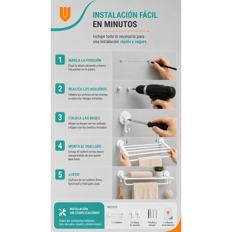 Toallero Soporte Organizador Baño Aluminio Estante Toallas Blanco