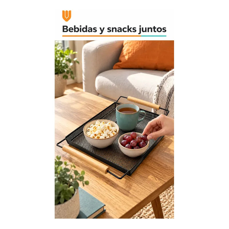Bandeja Rectangular Metal Negro Asas Madera Desayuno 44cm Negro Bandeja Rectangular Malla Metal Asas Madera Base Calada Borde Elevado Servicio Desayuno Once Café Cocina Comedor 44cm-color Negro