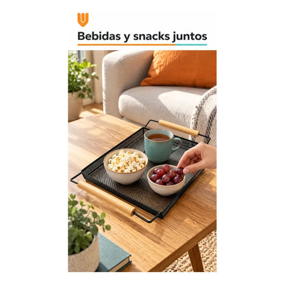 Bandeja Rectangular Metal Negro Asas Madera Desayuno 44cm Negro Bandeja Rectangular Malla Metal Asas Madera Base Calada Borde Elevado Servicio Desayuno Once Café Cocina Comedor 44cm-color Negro
