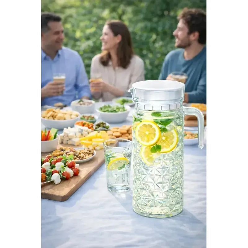 Jarra Vidrio 1100ml Vintage Diamante Tapa Plastica Asa Trans Transparente Diamante Vidrio Cristal Claro Brillante Elegante Cocina Mesa Hogar Bebidas Agua Jugo Limonada Batidos
