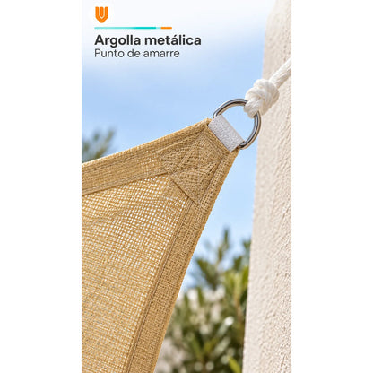 Toldo Vela Triangular Lona Tipo Yute 110x300 Cm 3 Cuerdas Beige Arena Claro Dorado Suave Tonalidad Cálida Bordes Costuras Al Tono Cintas Cuerdas Blancas Argollas Plateadas 110x300 Cm