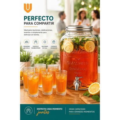 Dispensador Frasco Jugo Agua 5l + Set 6 Vasos Vidrio Tallado Transparentes