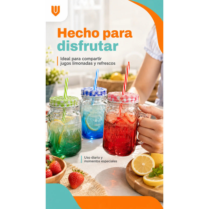 Vaso Bombilla Tapa Vidrio 400ml Reutilizable Multicolor Vaso Translúcido 400 Ml Vidrio Mango Tapa Bombilla Multicolor Bebidas Frías Jugos Cócteles Batido Reutilizable 400ml