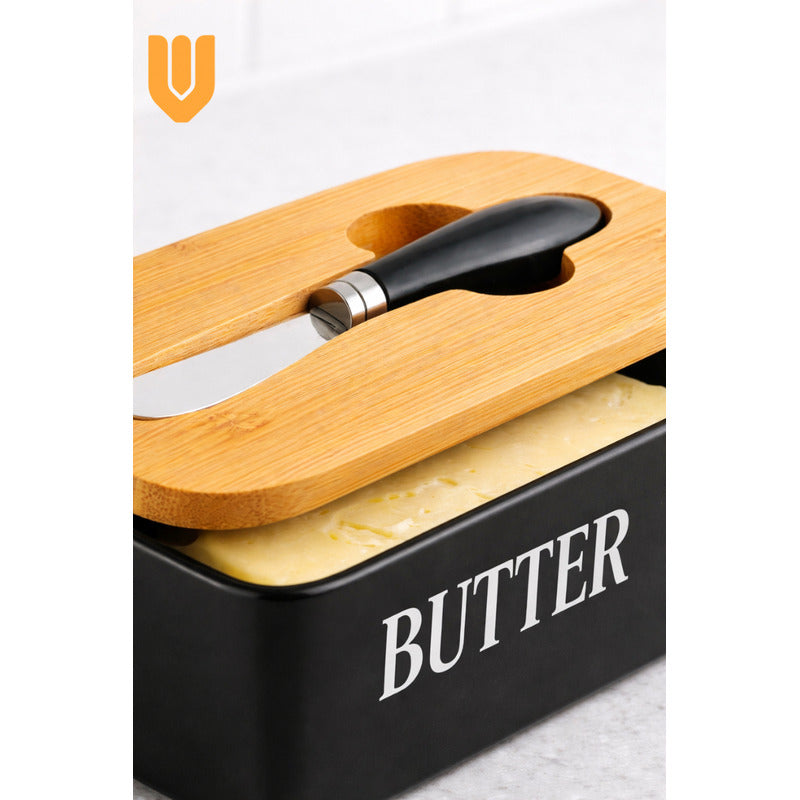 Mantequillero Ceramica Tapa Bambu Cuchillo Mantequilla Bambu