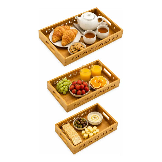 Set 3 Bandejas Desayuno Rectangular Bambú Servir Decorativas Set 3 Bandejas Bambú Rectangulares Asas Laterales Bordes Diseño Calado Apilables Servicio Hogar Cocina Set 3 Bandejas Desayuno