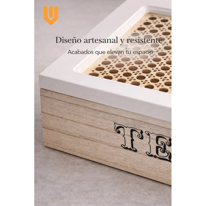 Caja Te Madera 6 Compartimentos Tapa Tejida Bambu Cocina Tono Madera Oscura Natural Acabado Elegante Estilo Nordico Moderno Decorativo Vetas Visibles Premium Cocina Hogar Estetica Calida