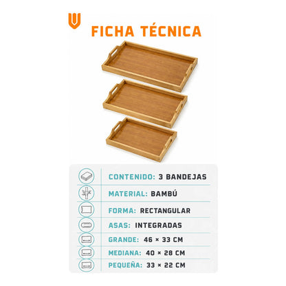 Set 3 Bandejas Asas Bambú Desayuno Servir Rectangulares Set 3 Bandejas Asas Rectangulares Asas Laterales Bordes Diseño Calado Apilables Servicio Hogar Cocina Set 3 Bandejas Asas Bambú