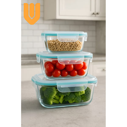 Set 3 Taper Hermético Vidrio Contenedor Cocina Alimentos