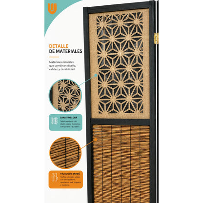 Biombo Separador 4 Puertas Oficina Divisor Ambientes 180 Cm Biombo Decorativo Separador Ambientes Moderno Plegable 4 Paneles Bambú Natural Living Dormitorio Oficina Marrón Negro Beige Bambú...