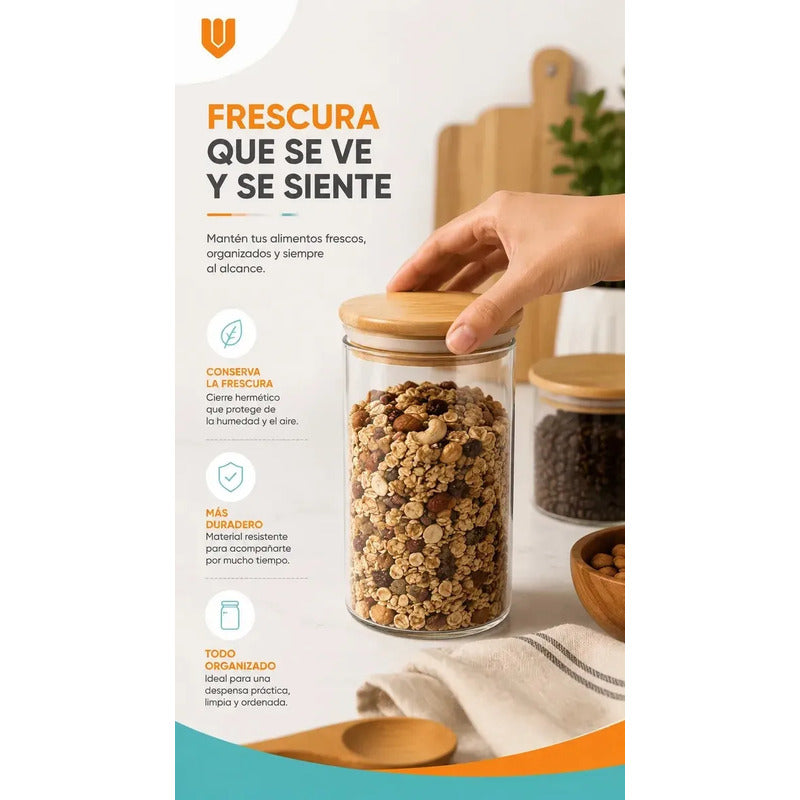 Frasco Vidrio Cocina Hermetico Cilindrico Tapa Bambu 250 Ml 250ml Frasco Vidrio Hermético Tapa Bambú Cilíndrico Cristal Transparente Organizador Cocina Alimentos Gourmet Premium 250 Ml