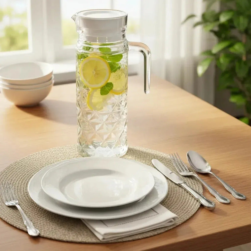 Servidor Refrescos Familiar Celebraciones Comedor Compartir Transparente Diamante Vidrio Cristal Claro Brillante Elegante Cocina Mesa Hogar Bebidas Agua Jugo Limonada Batidos